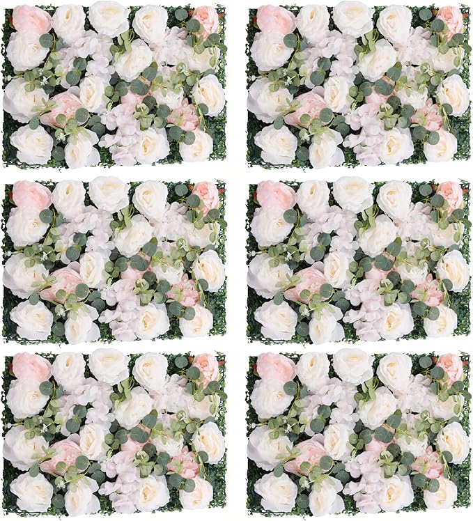 Flower Wall Backdrop, 6 Pcs Flower Wall Panels Artificial Floral Wall Background for Wall Decoration in Wedding Sites, Birthday Parties 24 x 16 Inch (White + Pink)
