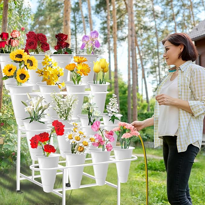 Flower Display Stand with 16PCS Buckets, 4 Layers Flower Cart Display Stand with Wheels Heavy Duty Metal Flower Bar Stand - White