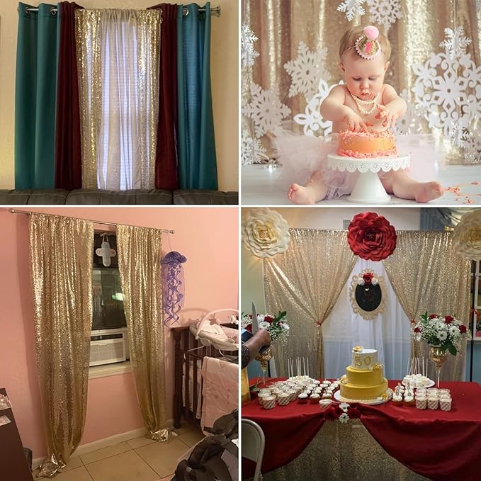 Champagne Backdrop Curtain 2FTx8FT 4 Panels Sequin Backdrop Curtain Glitter Backdrop Photo Background for Wedding Baby Shower Parties