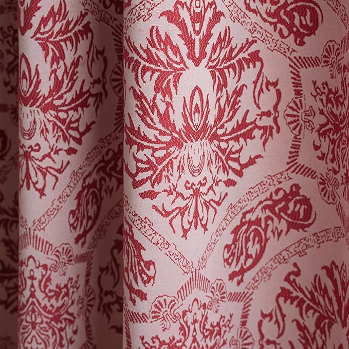 ENJOYBRIDAL Red Damask Curtains 63 Inches Living Room Bedroom Drapes 2 Panel Sets Vintage Semi Sheer Short Window Curtain Panels Dining Room Rod Pocket Jacquard Medallion Patterned Window Treatments