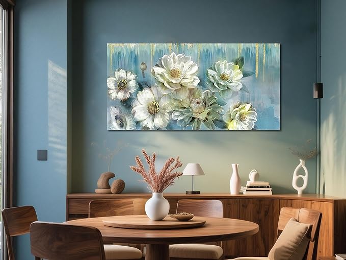 Ardemy Floral Canvas Wall Art for Living Room Large Magnolia White Flowers Teal Picture Bedroom Wall Decor Textured Painting Modern Turquoise Artwork Dining Room Home Office, 40"x20"