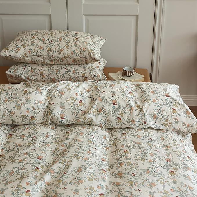 EAVD Vintage Botanical Floral Duvet Cover Queen - Soft Cotton Chic Shabby Garden Bedding Set With 2 Pillowcases, Fresh Reversible Comforter Cover With Zipper Closure