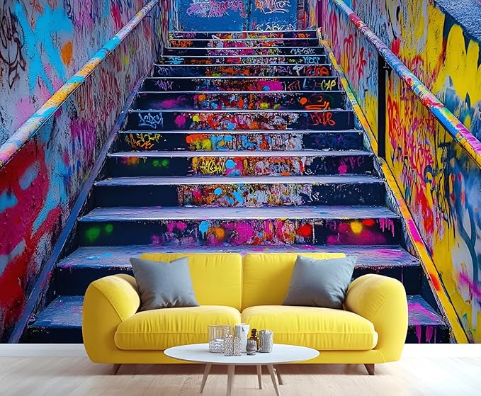 Graffiti Staircase Wall Mural, Urban Street Art 3D Wall Murals, Modern Hip-Hop Colorful Graffiti Steps Wallpaper Mural, for Living Room Bedroom Large Wallpaper Indoor Decor 137.8" W x100 H