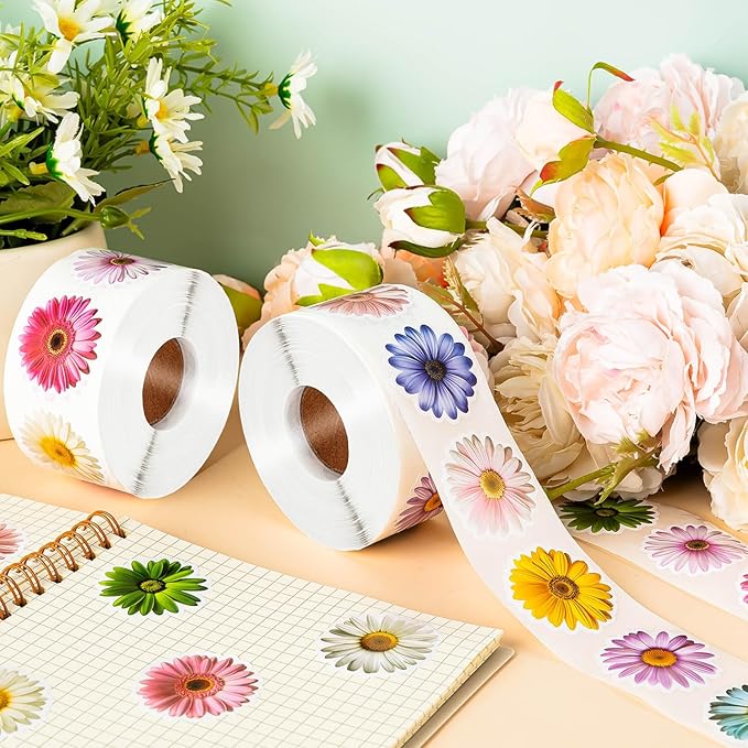 1200 PCS Daisy Stickers Cute Flower Stickers Roll for Kids Sun-Proof Flower Roll Sticker for Scrapbooks, Water Bottle, Present Boxes Decorations (16 Styles)