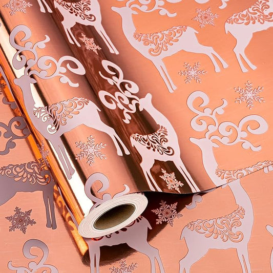 MAYPLUSS Christmas Reversible Wrapping Paper - Mini Roll - 17 Inch X 32.8 Feet - Rose Gold with Glitter Metallic Foil Design (47.3 sq.ft.ttl)
