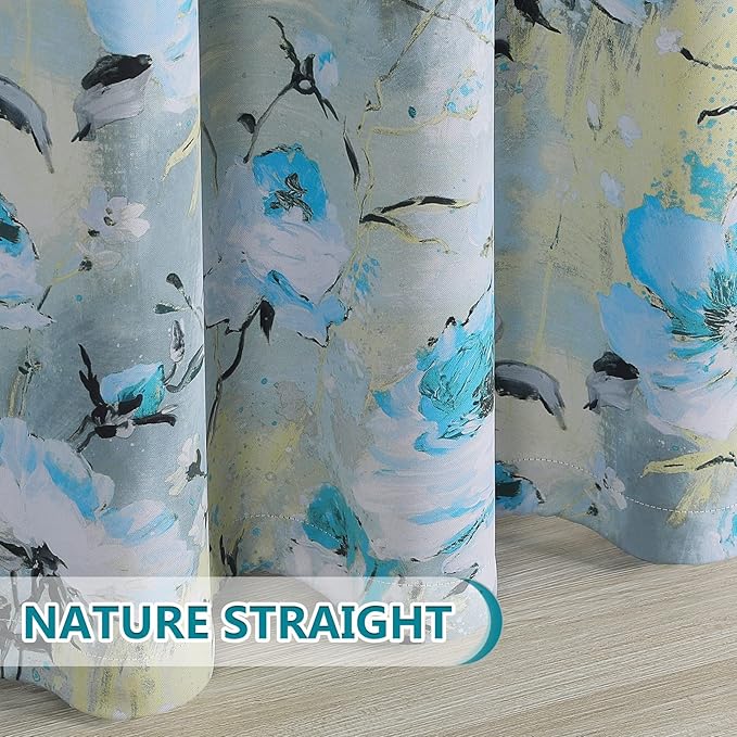 MYSKY HOME Blackout Curtains - 72 Inch Long Blue & Teal Grommet Curtains for Living Room - Room Darkening, Farmhouse Style with Flower Leaves Print
