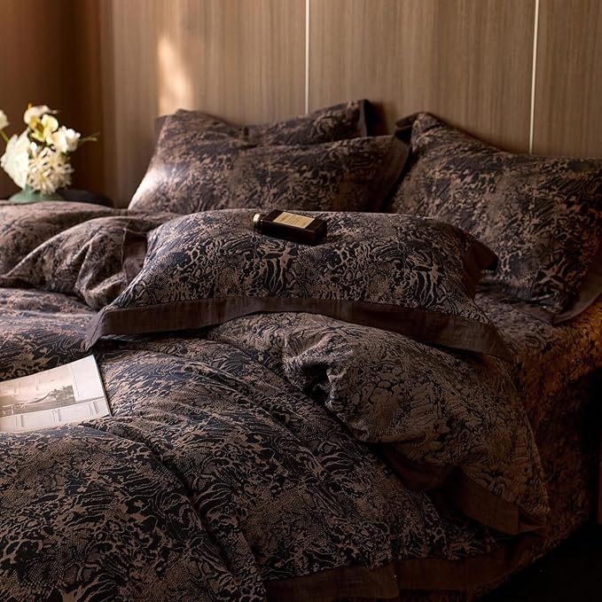 mixinni Duvet Cover Set Queen, Vintage Opulence Yarn-Dyed Jacquard Double-Layer Cotton Comforter Cover with Wide Corner Design, Retro Art Pattern Bedding Set with 2 Pillowcases for Men & Women