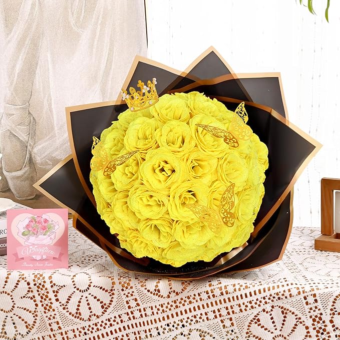 Waipfaru Glitter Roses Bouquet, DIY Yellow Fake Flowers Bouquet, 36 Pcs Rose for Grandma Wife Girlfriend Valentines, Mothers Day, Anniversary, Graduation