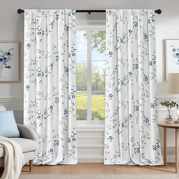 Beauoop Floral 100% Blackout Curtains 63 Inch Length 2 Panels for Bedroom Living Room Blue Grey and White Flower Patterned Room Darkening Thermal Soundproof Rod Pocket Back Tab Window Drapes, 52X63