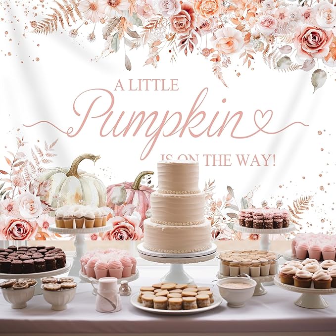 7x5ft Pumpkin Baby Shower Backdrop for Girls Pink Floral Leaves Photography Background Newborn Baby Shower Party Decorations Little Pumpkin Backdrops Banner Supplies Studio Photo Booth Props