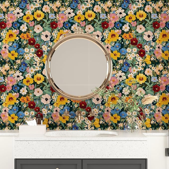 Watercolour Floral Peel and Stick Wallpaper Colorful Boho Contact Paper Renter Friendly Wall Paper for Countertop Cabinet Shelf Liner Removable 17.5 x 118In