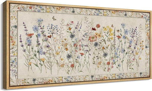 SIGNFORD Extra Large Framed Canvas Print Wall Art Charming Wildflower Botanical Illustrations Modern Art Relax/Calm Warm for Living Room, Bedroom, Office - 60"x30"
