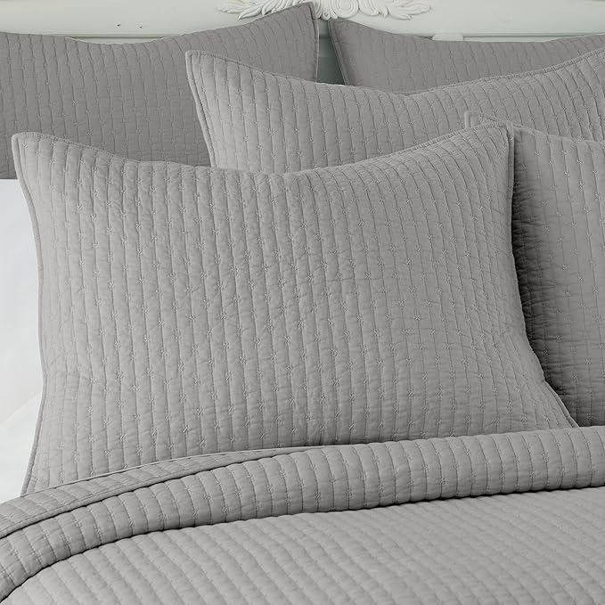 Levtex Home Cross Stitch Reversible Full/Queen Quilt Set (88x92in) and 2 Pillow Shams (26x20in) - Stitch Texture - Light Grey - Cotton Full/Queen Size Quilt Bedding Set - Lightweight, Soft, Pre-Washed