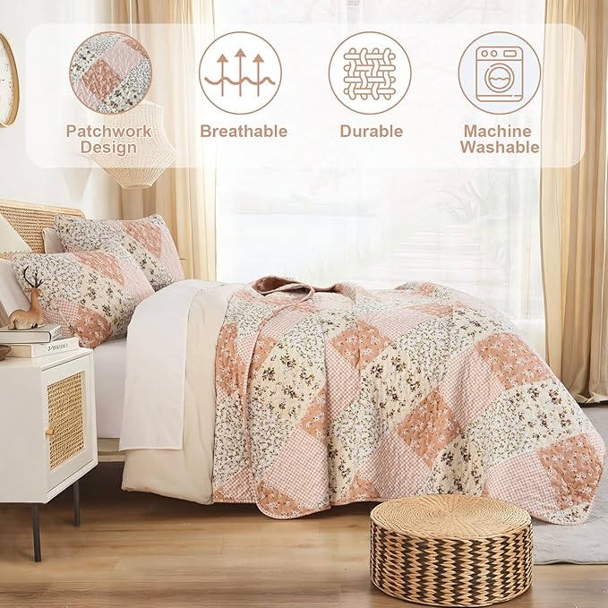 Dinjoy Floral Plaid Patchwork Quilt Set King Size, Reversible Pink Bedding Set Soft Microfiber Lightweight Bedspread Coverlet 3 Piece Fall Autumn Summer Use (110x90 inches)