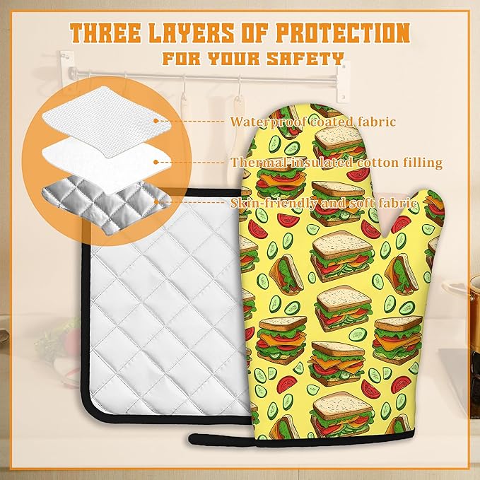 Cute Sandwich Oven Mitts and Pot Holders,Heat Resistant Oven Mitts Gloves and Pot Holder for Home Kitchen Decorations Cooking Baking BBQ Gifts,Set of 4