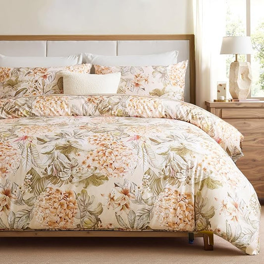 100% Cotton Duvet Cover Queen Size – Hydrangea Lily Floral Duvet Cover Set with Zipper Closure & Corner Ties, 3-Piece Silky Soft & Breathable Apricot Bedding Set for All Seasons