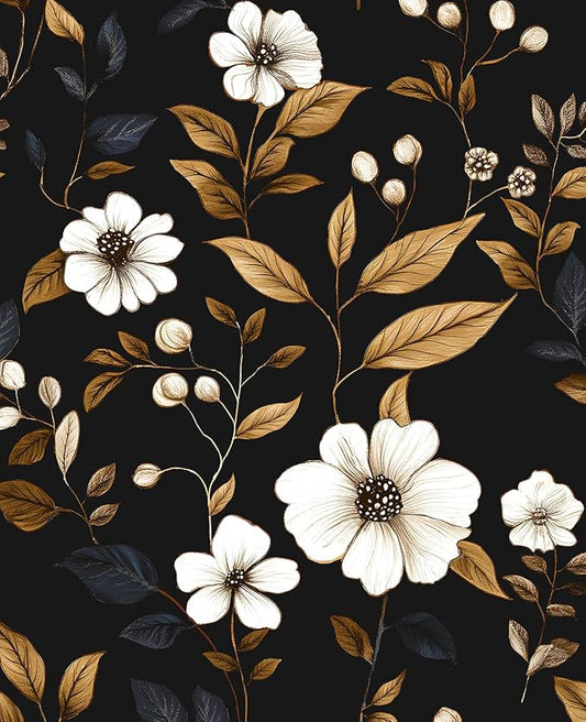 Vintage Black Floral Wallpaper Peel and Stick 17.4" x 118", Retro Golden Leaf White Flower Pattern Contact Paper Classic Removable Covering for Bedroom Bathroom Cabinet Drawer Home Decor Dark