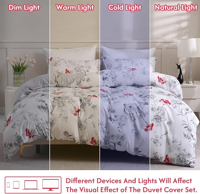 LONAVA Queen Flower 3 Pcs Duvet Cover Set, Breathable Soft Microfiber White Lining Comforter Cover with Zipper Closure, and 2 Anti-Pilling, Fade Resistant Pillowcases, Gothic Rose