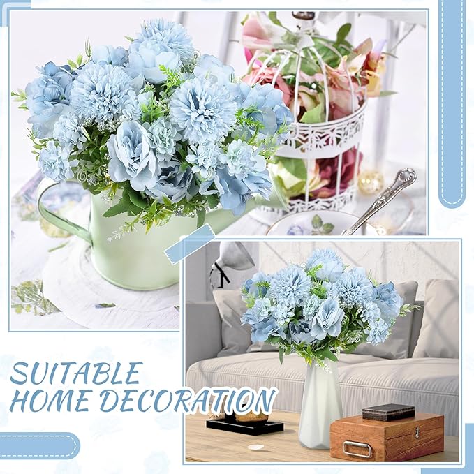 Lyrow 8 Pcs Peony Artificial Flowers Fake Silk Hydrangea Bouquet Elegant Peony Flowers for Wedding Decoration Faux Realistic Floral for Home Party Table Centerpieces Arrangement (Blue)