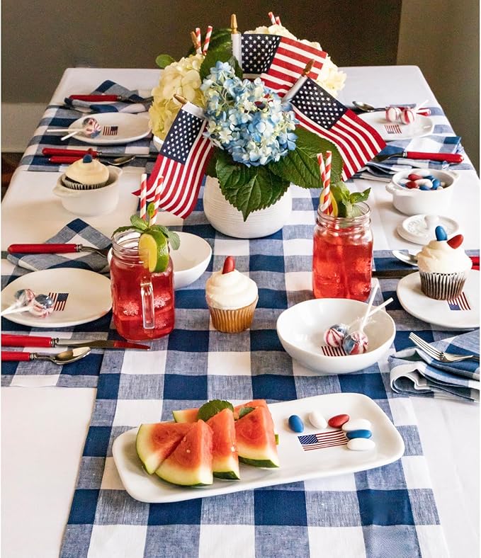 Solino Home Linen Checkered Table Runner 108 Inches Long - 100% Pure Linen Blue and White Buffalo Check Table Runner 14 x 108 Inch Ideal for Dining, Winter, Spring, Easter