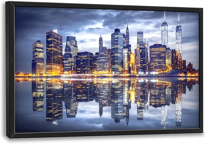 New York City Large Wall Art Framed Wall Decor for Living Room, Manhattan Skyline at Night Pictures Oversized Canvas Print Painting Modern Extra Large Framed Artwork for Bedroom Office 36"x24"