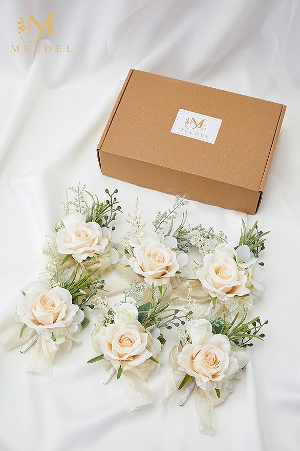 Meldel Champagne Boutonniere for Men - Set of 6, Rose Groomsmen Boutonniere for Wedding, Prom, Homecoming, Party, Vintage Occasions