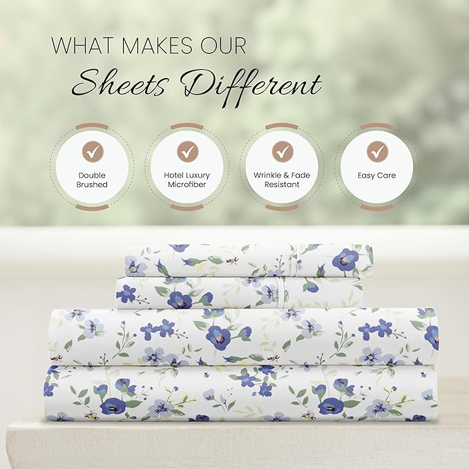 Linen Market Patterned Microfiber Full Sheet Set 4 Piece – Oeko-TEX Certified Ultra Soft & Wrinkle-Free - 16" Deep Pocket Sheets - Easy Care Full Size - Blossoms Light Blue