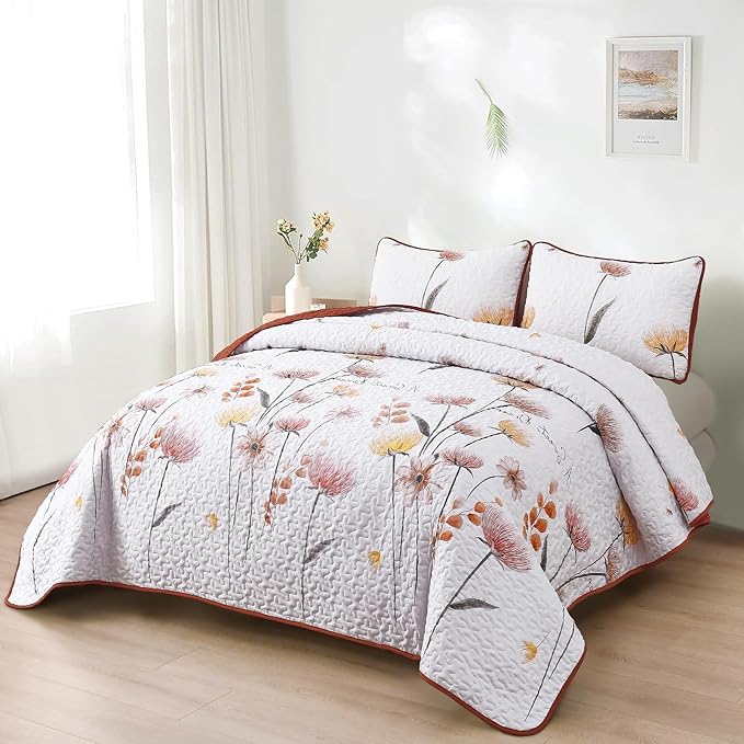 Floral Quilt Set Full/Queen Size,Burnt Orange Bedspread Queen Botanical 3 Pieces Cute Quilts Microfiber Lightweight Flower Coverlet Sets Soft Reversible White Bedding Set for All Season( 96"x90")