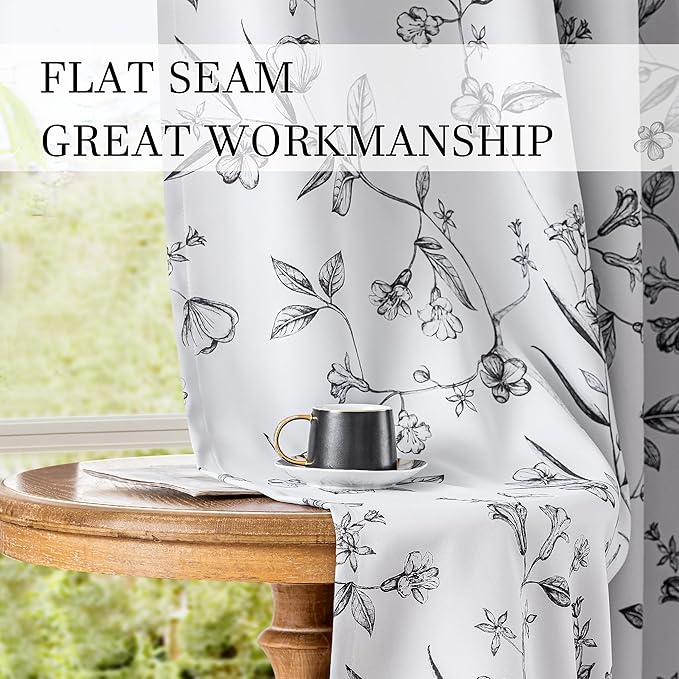 ChrisDowa 100% Blackout Floral Curtains 84 Inches Long 2 Panels for Bedroom Living Room Black Flower Patterned Room Darkening Thermal Insulated Soundproof Grommet Window Treatments Drapes,52X84