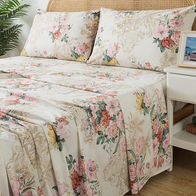 Zusbest- Queen Sheets, Soft 100% Cotton Pink & Cream Floral Bed Sheets,Shabby Vintage Chic Peony Flower Printed Sheets, Breathable Luxury Bedding 4 Piece Deep Pocket Sheets