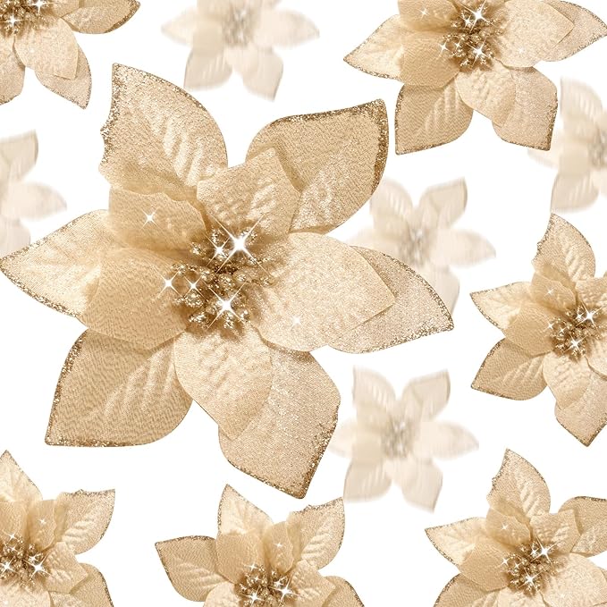 WILLBOND 24 Pcs 3 Size Poinsettia Flower Artificial Christmas Decor Glitter Poinsettia Christmas Ornaments Faux Flowers for Xmas Tree Outdoor(3.2/4/6 Inches,Champagne)