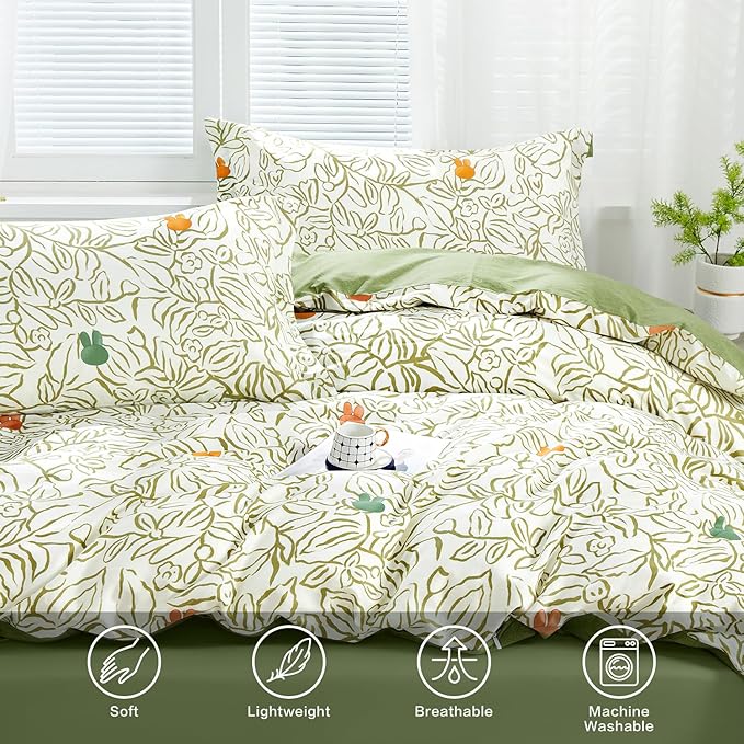 SAPHREAS Green Vine Duvet Cover Full Size Set 3pcs Abstract Botanical Plant Leaves Bedding Comforter Cover Set Garden Style 1 Duvet Cover 2 Pillow Shams, Comforter Not Included