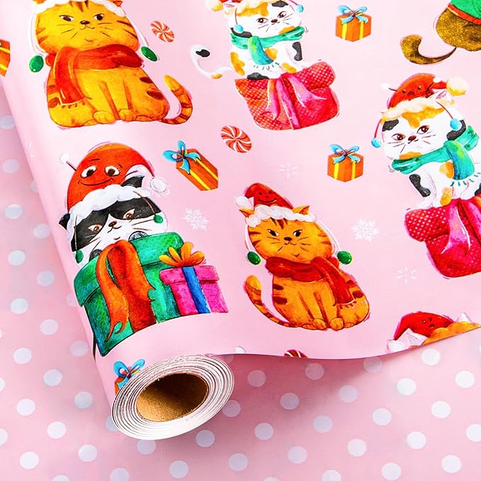 MAYPLUSS Christmas Wrapping Paper Roll - 17 Inch X 33 Feet - Pink Cute Cat Christmas Hat Reversible Polka Dot Gift Wrapping Paper, Thick Wrap Paper for Holiday Party New Year Kids