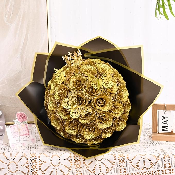 Waipfaru Glitter Roses Bouquet, DIY Fake Flowers Bouquet, Birthday Gifts for Women Mom, 24 Pcs Gold Rose for Grandma Wife Girlfriend Valentines, Mothers Day, Anniversary, Graduation