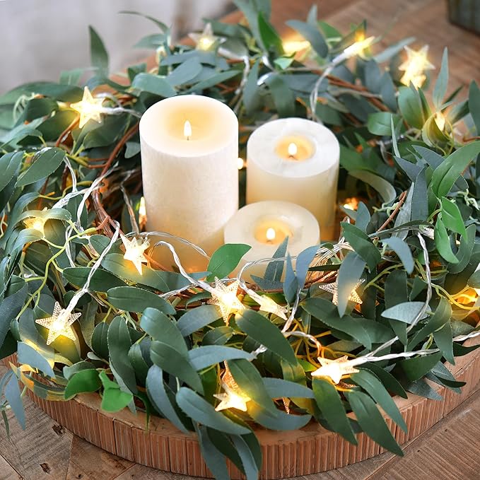 2 Mix Rustic Willow Garlands, Bendable Artificial Greenery Vine Leaves for Wedding Home Decoration with 33 Feet Star String Lights (Battery Operated) by FiveSeasonStuff
