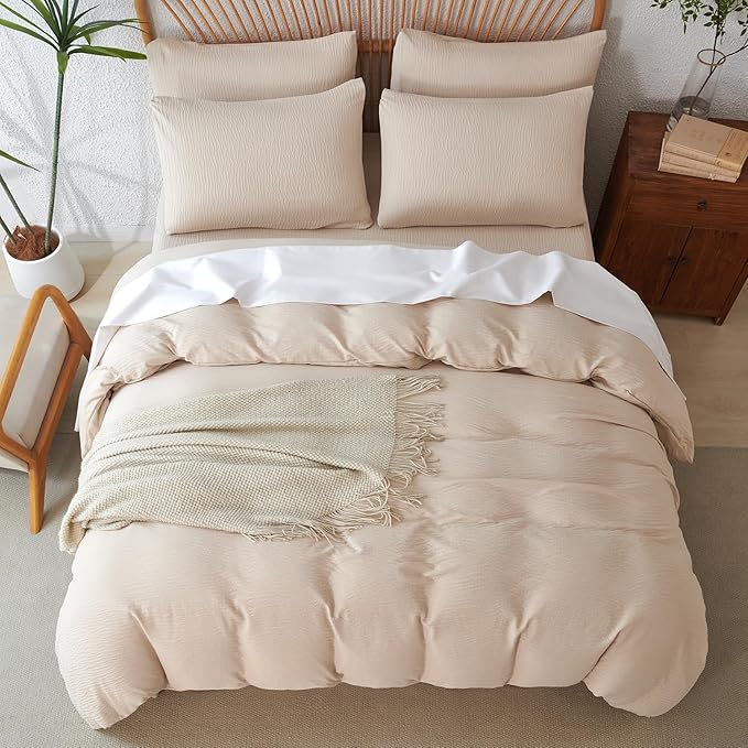 King Duvet Cover Set - 3 Piece Luxury Double-Layer Crinkle Gauze Bedding in Beige, All Season Soft Breathable Comfy Microfiber with Zipper Closure