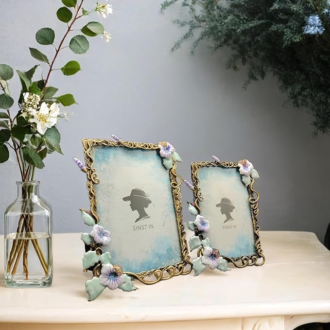 4X6 Vintage Picture Frames Luxury Unique Ornate Antique Floral Photo Frame of HD Glass for Tabletop/Wall Display Gifts for Women (Retro Purple Flower)