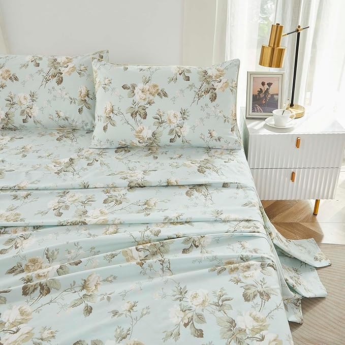 Brandream French Country Garden Toile Floral Print Bed Sheet Set Luxury Bedding Collections 800TC 100% Egyptian Cotton Tapestry Pattern Chinoiserie Peony Blossom Tree Branches, 4Pcs-Queen Size