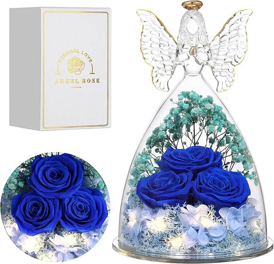 Christmas Rose Gifts for Women Preserved Real Flower in Glass Angel Figurines Roses for Delivery Prime Birthday Gifts for Mom Grandma Girlfriend Wife Her, Dark Blue