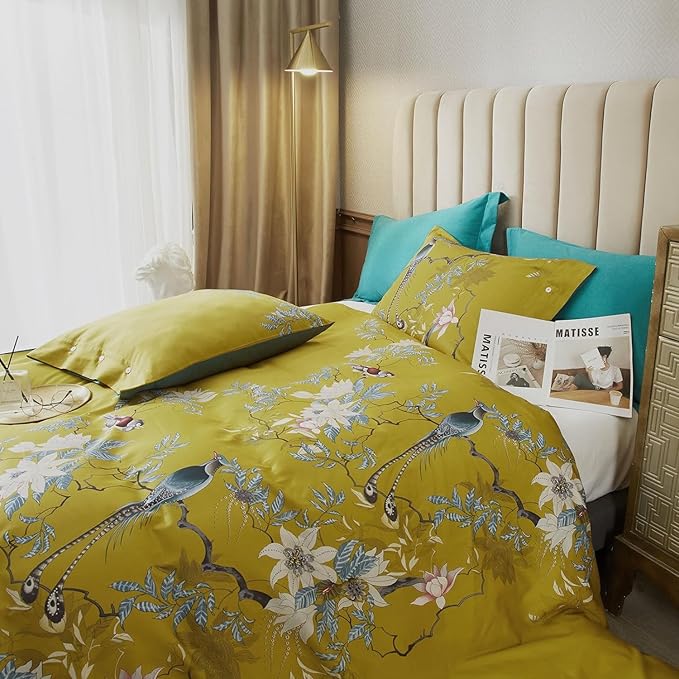 EAVD Cute Birds Duvet Cover Twin XL Cotton Floral Duvet Cover Set Yellow Bedding Set with Garden Tree Branches Flowers Birds Pattern Reversible Design Girls Duvet Coveer with Zipper Closure