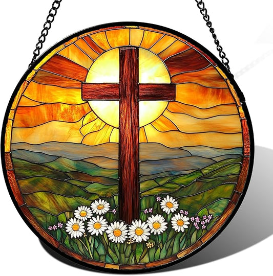Christian Gifts for Women - Cross Stained Glass Window Hanging Easter Daisy Natural Landscape Sun Catcher Garden Religion Decor Mother's Day Catholic Gift for Men Grandma Mom Her Nana 6.3"