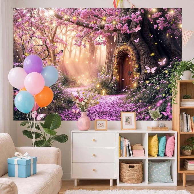 20X10ft Enchanted Forest Backdrop Fairy Tale Purple Garden Wonderland Tree House Floral Background for Kids Girl Baby Shower Birthday Party Decoration Banner Cake Table Photo Booth Props