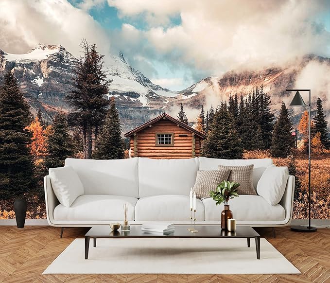 Assiniboine Mountain Chalet Mural in Autumn Forest for Living Room, Dining Room, Bathroom Backdrop Decoration（Non-self-Adhesive）