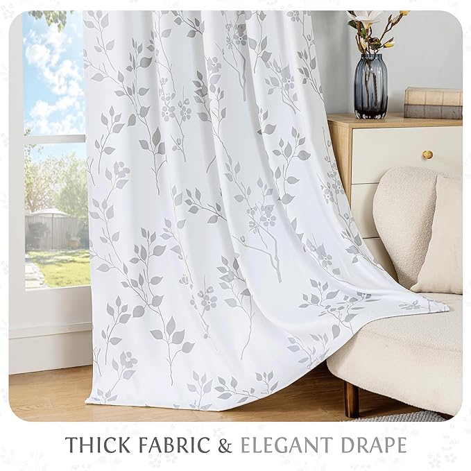 Beauoop Floral 100% Blackout Curtains 84 Inch Length 1 Panel for Patio Sliding Door Extra Wide Grey White Flower Patterned Divider Room Darkening Thermal Soundproof Grommet Window Drapes,100x84, 1 set