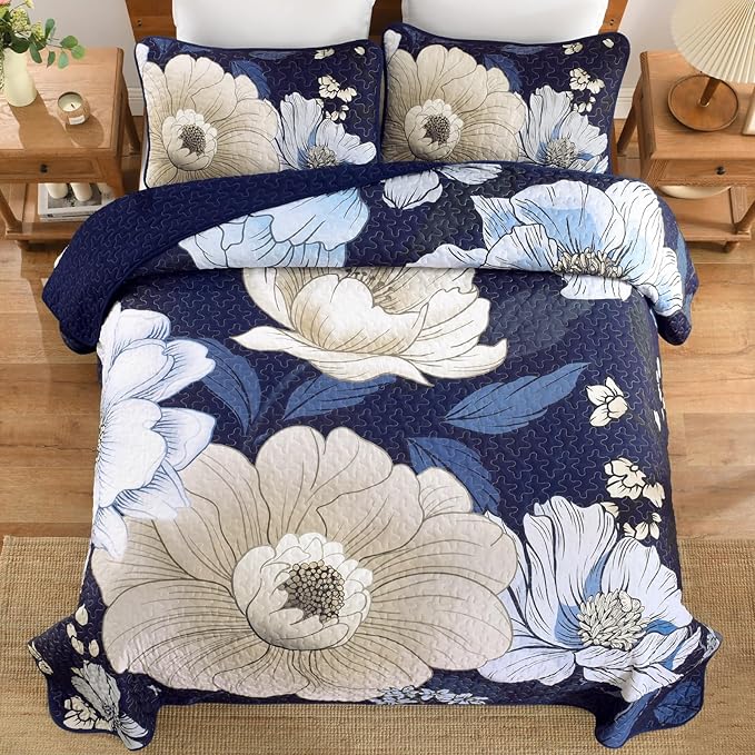 Dintszyayue Blue Quilt Set King, 3 Pieces Floral Bedspreads Lightweight Coverlet Set for All Seasons, Reversible Quilted Printed Bedding Set with 2 Pillow Shams