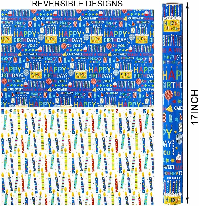 Homeral Blue Birthday Wrapping Paper Roll - 17 Inch x 16.5 Feet, Reversible Happy Birthday Lettering & Colorful Candles Gift wrapping paper for Boy Baby Shower, Party, Holiday