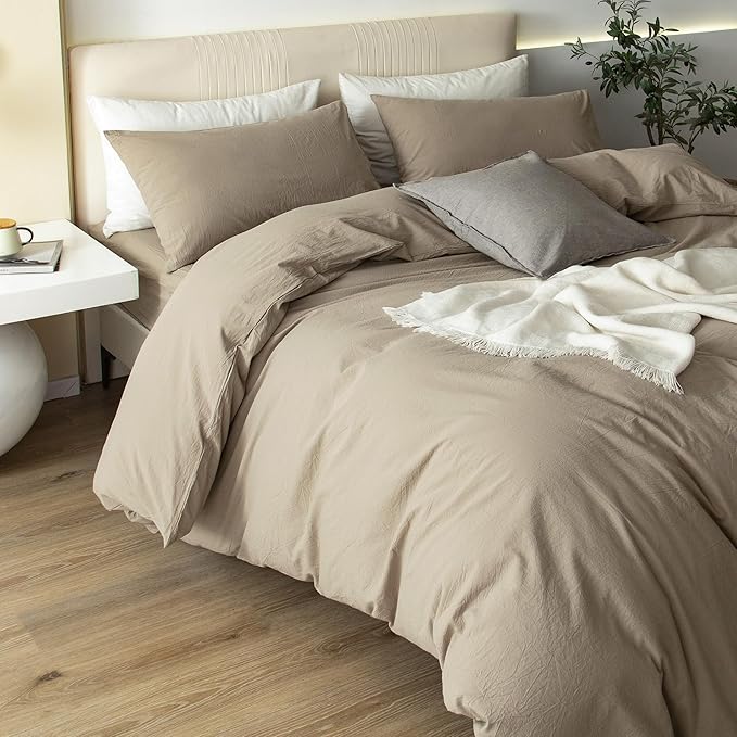 JIYUAN 100% Washed Cotton Duvet Cover Set 3 Pieces Super Queen, 1 Duvet Cover 90x98 Inches(Comforter Not Included) and 2 Pillowcases,Linen Feel Bedding Set Comfy and Breathable,Khaki