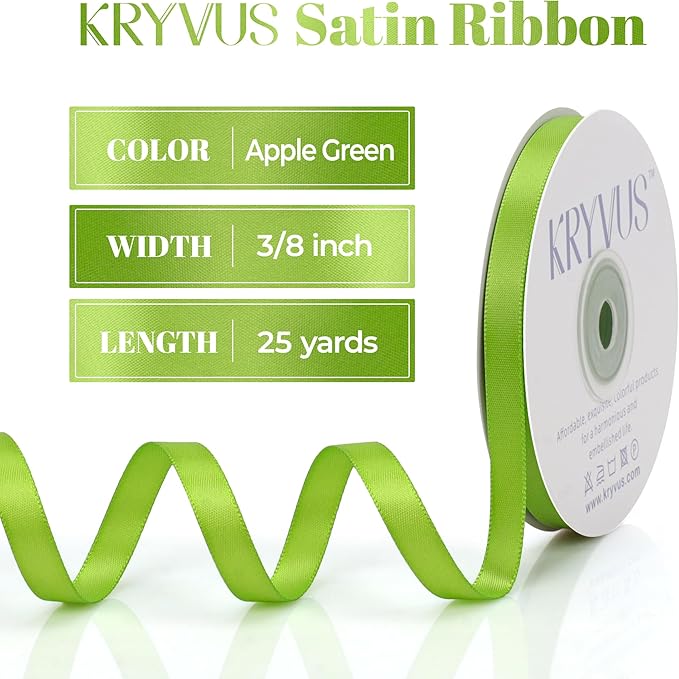Apple Green Satin Ribbon, Double Faced 3/8 Inch X 25 Yards Apple Green Ribbon, Premium Satin Ribbon for Gift Wrapping, Crafts, Hair Bow Making, Sewing, Flower Bouquet, Wedding Party Decor