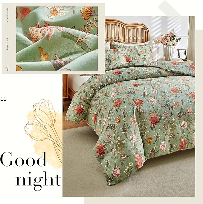 LifeTB Farmhouse Floral Comforter Full Comforter Set Botanical Flowers Vines Pattern on Green Floral Bedding Comforter Set Fluffy Soft Microfiber Aesthetic Bedding Botanical Comforter for All Seasons