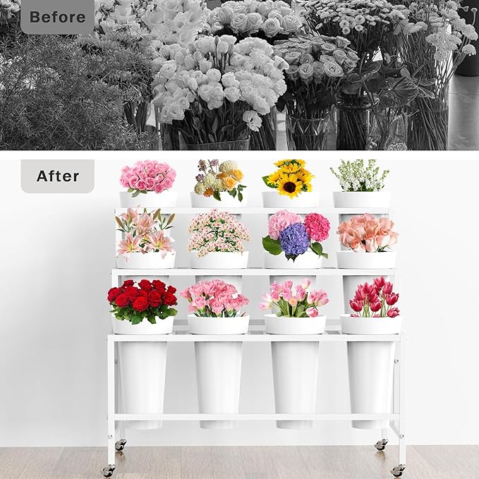 Flower Display Stand with 12 Buckets, Flower Cart White 3 Layers Metal Flowers Bar Stand with Wheels, Moving Florist Bouquet Shelf for Wedding Party Indoor Living Room Outdoor Patio Garden